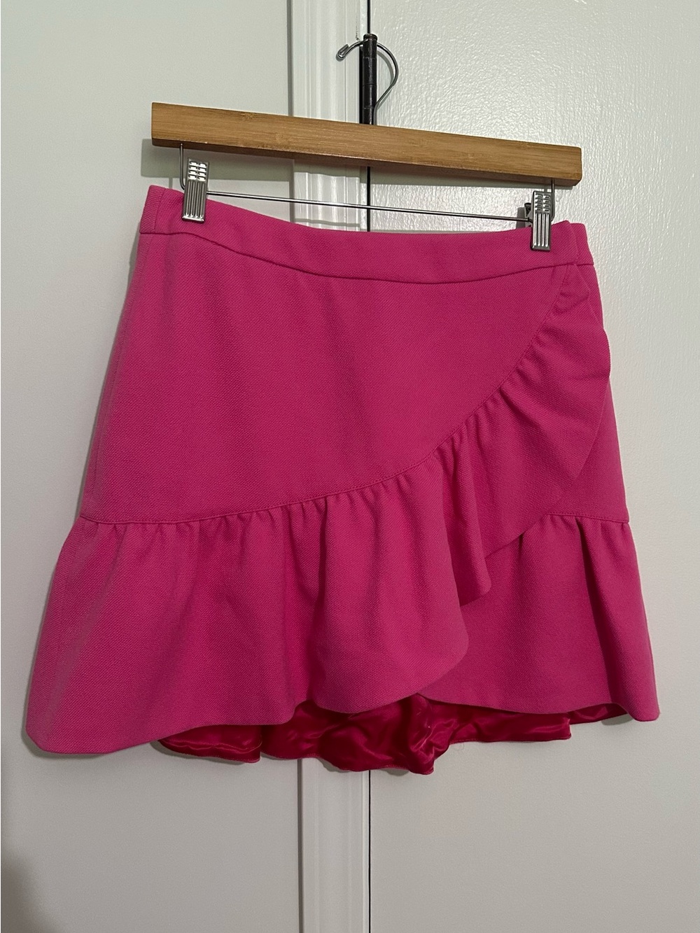 Essentiel Antwerp Asymmetrical Ruffle Mini Skirt in Bright Pink